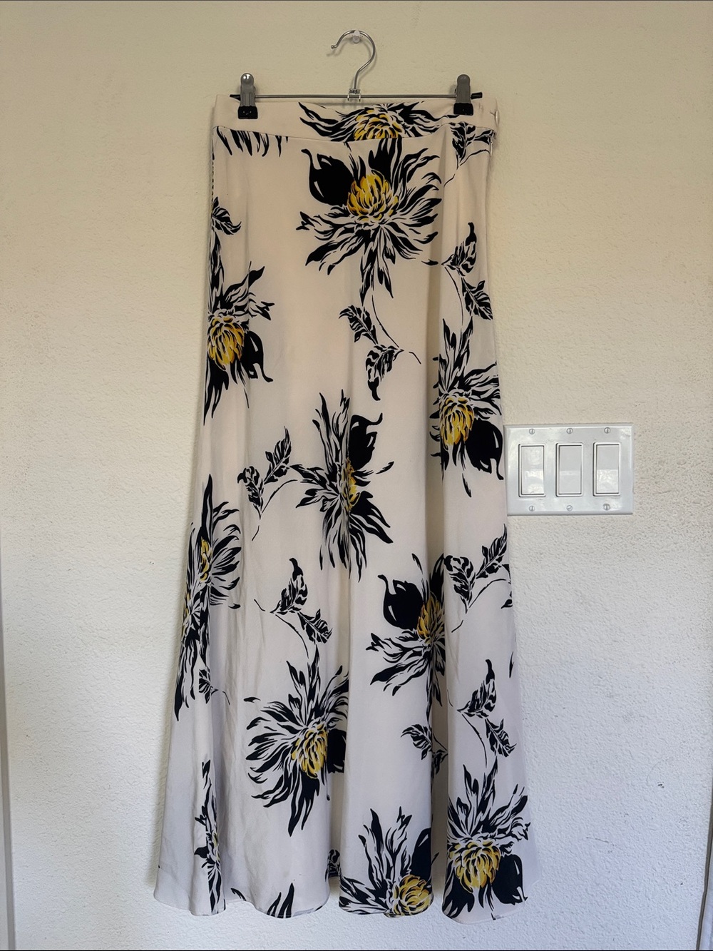 Escada Margaretha Ley Cream Silk Maxi Skirt with Black & Yellow Floral Print